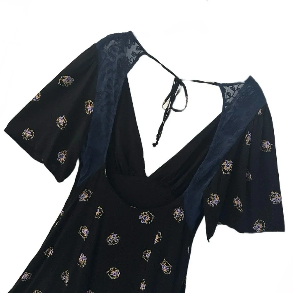 Free People Mockingbird Lace Inset Black Floral Mini‎ Dress Women's Size 2